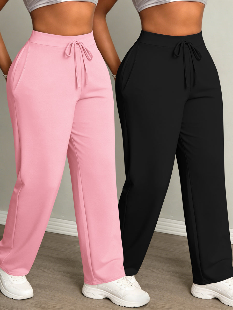 Women's Fashion Daily 2pcs Set, Comfortable Loose-Fit Solid Color Drawstring Waist Wide-Leg Sweatpants - Pink+Black