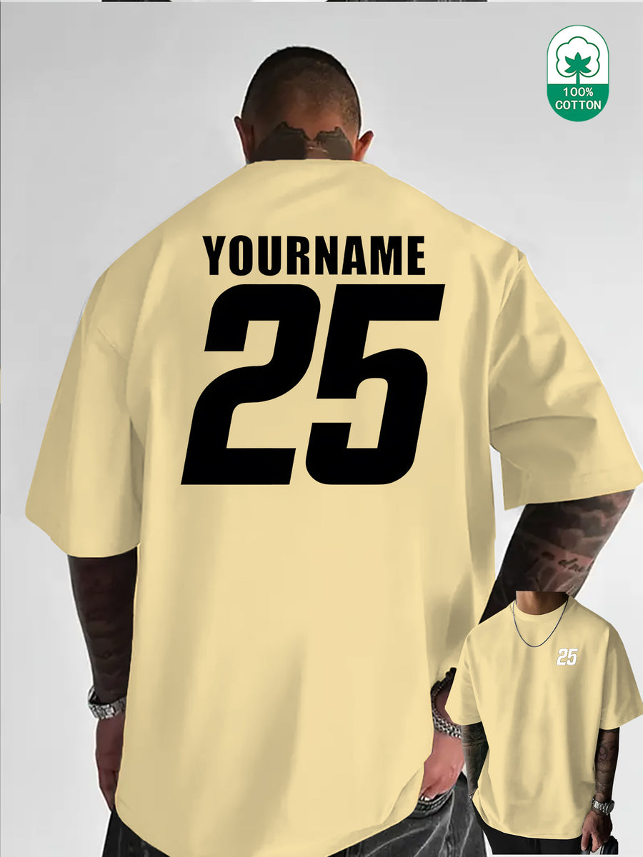 Minimalist Hand-Drawn Numerals and Letter Creative Front and Back Print Fashionable Men's Casual Versatile #Commute #Leisure #Home #Office #Trendy Streetwear Fashion Item Crew Neck Heavyweight Pure Cotton T-Shirt - Apricot
