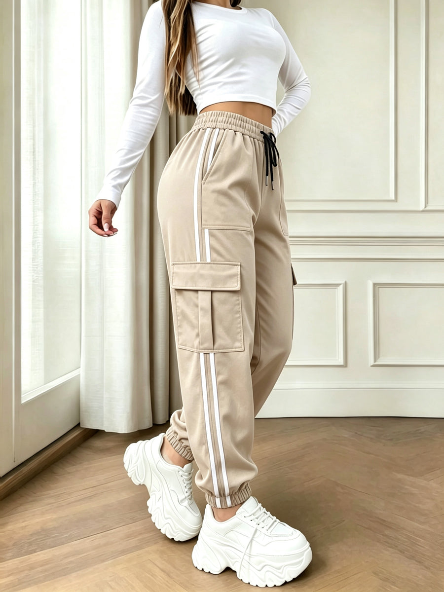 2026 New Striped Drawstring Elastic Waist Sporty Casual Women's Cargo Pants - Apricot