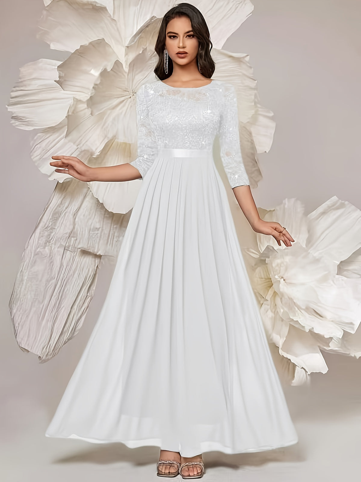 Women'S Elegant Lace Sequin Dress, Waist Tapered Satin Ribbon Patchwork, Underskirt Chiffon Pairing, Showcasing Flowy - Milky