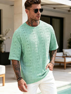 Green Diamond Hollow Texture Knit Men'S T-Shirt, Western Street Round Neck Summer Casual Short Sleeve Top, XT7854 - Green 1