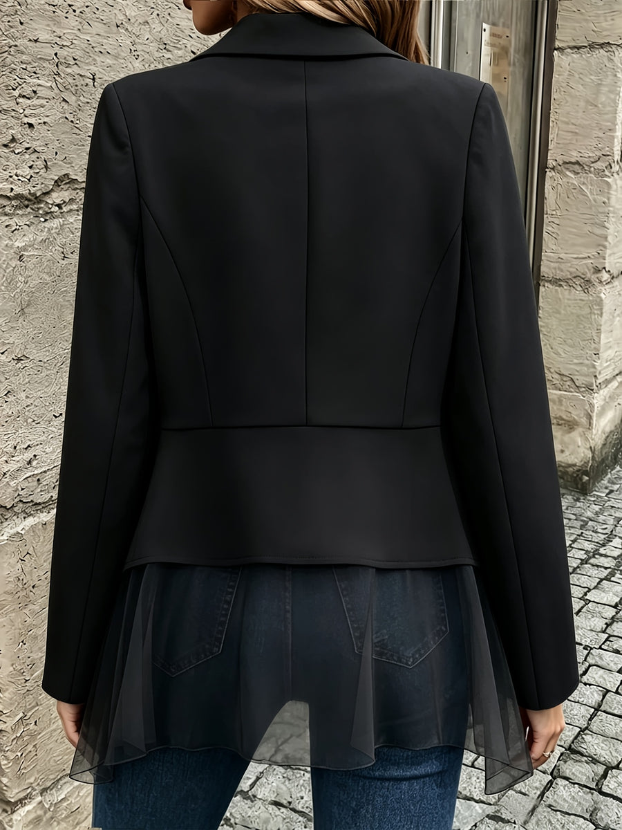 A Women's Fashionable Blazer, a Ladies' Top Jacket with a Solid-color Chiffon Patchwork Design, Suitable for Wearing in Spring, Autumn, and Summer, All Year Round - Black