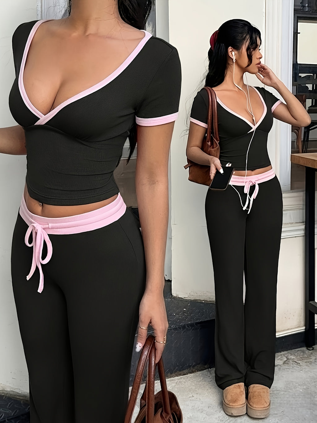 Women's 2pcs Contrast Trim Set, Deep V Crop Top + Drawstring Flare Pants, Suitable for Daily Casual Wear - Black