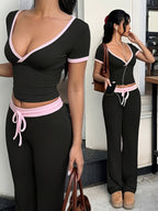 Women's 2pcs Contrast Trim Set, Deep V Crop Top + Drawstring Flare Pants, Suitable for Daily Casual Wear - Black