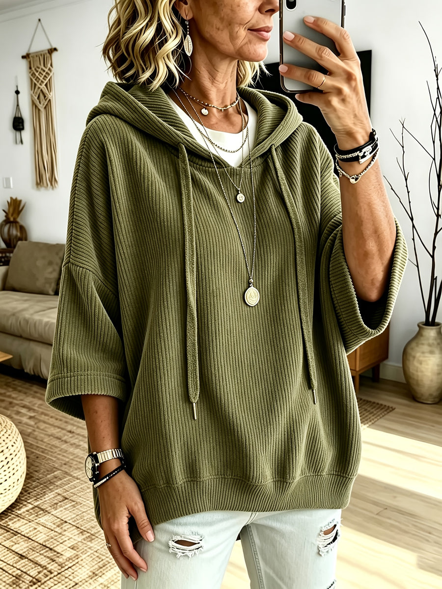 Plus Size - Women'S Casual Corduroy Drawstring Hooded Sweatshirt, Classic Versatile Hooded Top Elegant Women'S Top, Loose Fit Comfortable Sweatshirt Suitable for Commute And Casual Wear Spring/Autumn Clothing - Olive Green