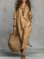 Women's Elegant Lapel Loose-Fit Long Sleeve Maxi Dress, Skin-Friendly and Breathable Faux Linen Fabric, Versatile for Vacation, Commuting, and Daily Wear, Flattering and Minimalist Design, Relaxed Style Long Dress for Spring, Summer, and Autumn - Camel