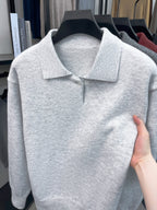 Single-piece Mature Business Men's Polo Shirt, Men's Polo Collar Knit Top, Half-Button Placket Design, Fine and Soft Knitted Texture, Ribbed Cuffs and Hem, Simple Commuting Vintage Style, Suitable for Spring, Autumn, and Winter Wear - White and Grey