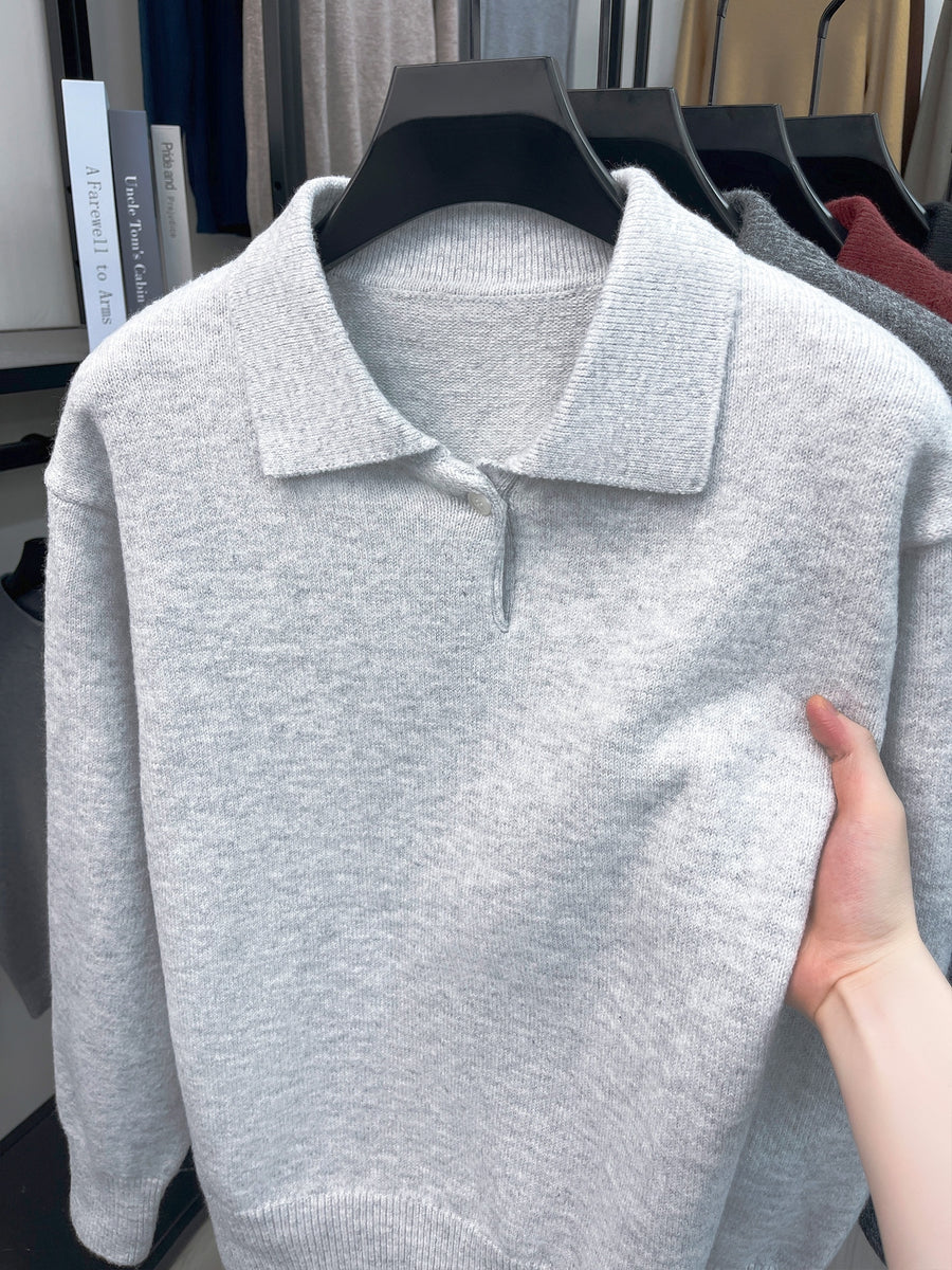 Single-piece Mature Business Men's Polo Shirt, Men's Polo Collar Knit Top, Half-Button Placket Design, Fine and Soft Knitted Texture, Ribbed Cuffs and Hem, Simple Commuting Vintage Style, Suitable for Spring, Autumn, and Winter Wear - White and Grey