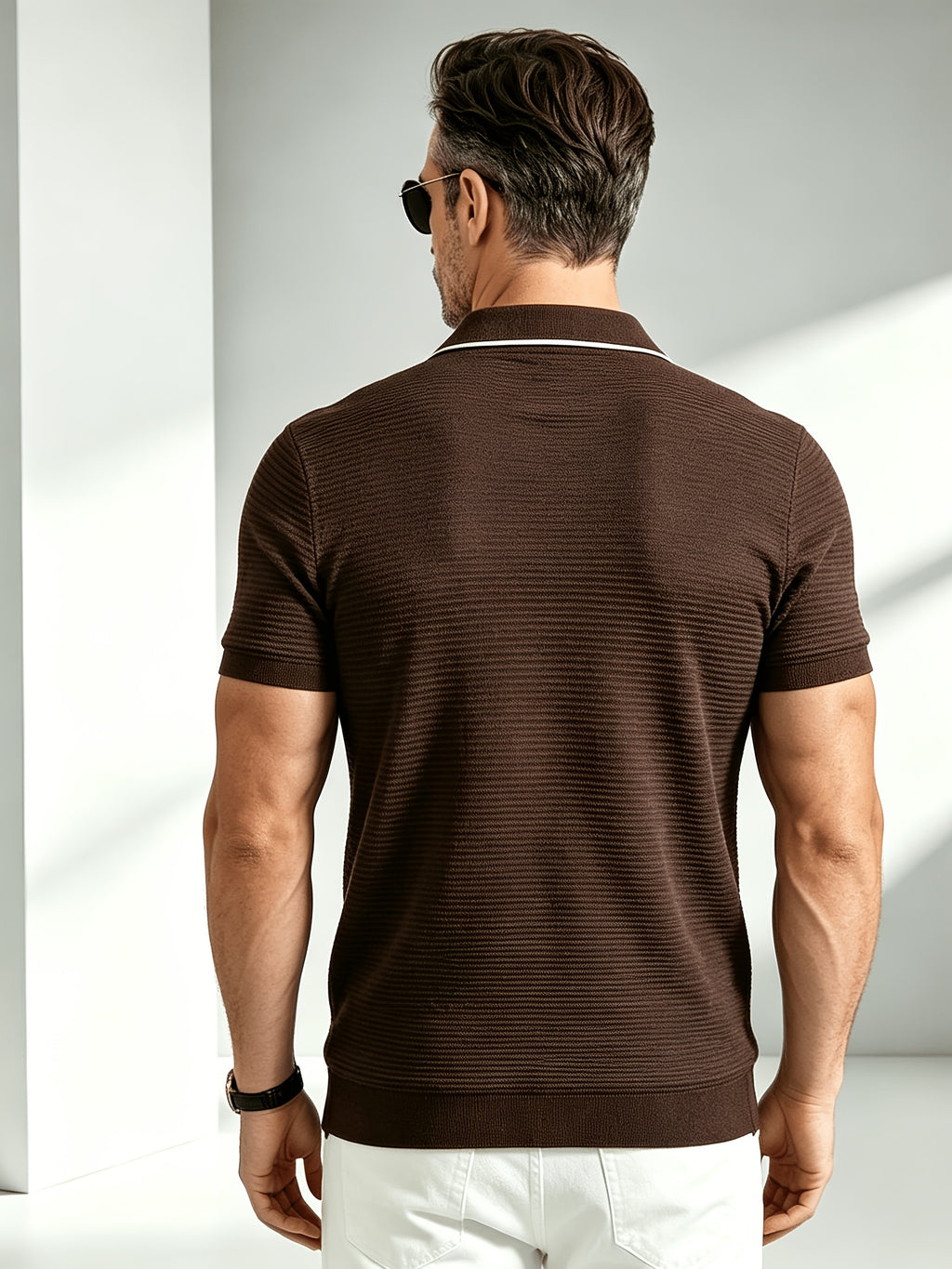 2026 New Fashionable Business Mature Men'S Casual Contrast Trim Lapel Short Sleeve Knit Polo Shirt, Slim Fit Breathable Knit Top, Summer Suitable for Daily, Office And Weekend Outfits - Coffee Color