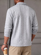 1 Men's Cable Knit Textured Color-Block Half-Zip Long Sleeve Polo Shirt, Color-Block Raglan Striped Patchwork Lapel Half-Zip Pullover Top, Spring/Autumn Regular Lapel Long Sleeve Polo Top, Suitable for Outdoor Leisure, Commuting, Dating - Light Gray Navy Blue