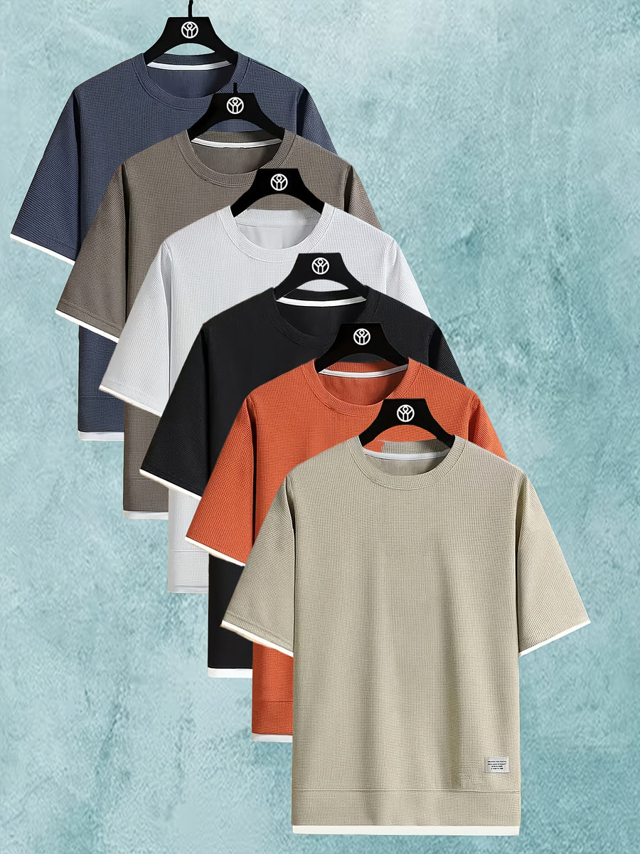 6pcs Men's Lightweight Waffle Knit Short Sleeved Round Neck T-shirt - Casual Summer Top with Contrasting Cuffs and Hem, Polyester Fiber, Suitable for Fitness and Casual Wear - Style1