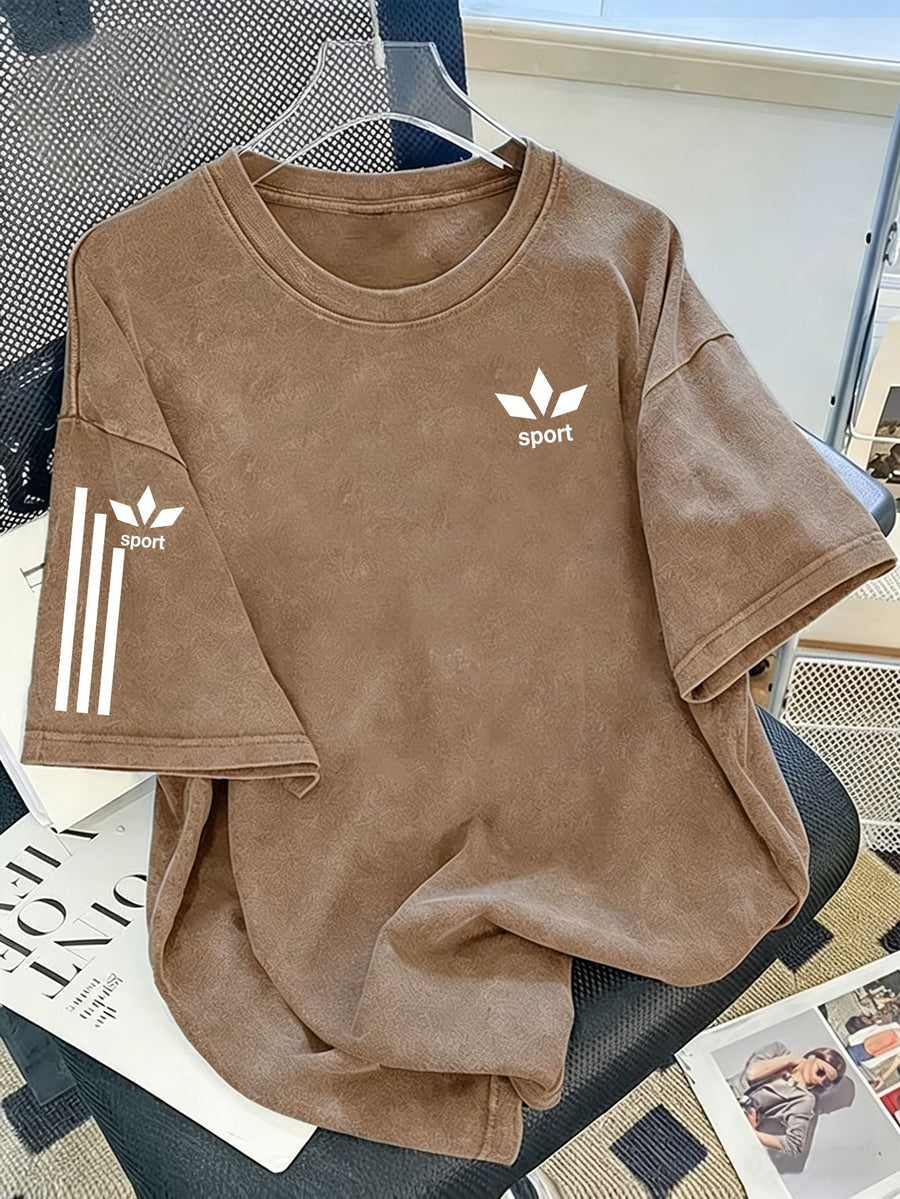 Men's New Washed Distressed Short Sleeve T-Shirt, Trendy Clover Motif Streetwear, Perfect for Daily Versatile  Style, Soft and Breathable Top - Coffee Color