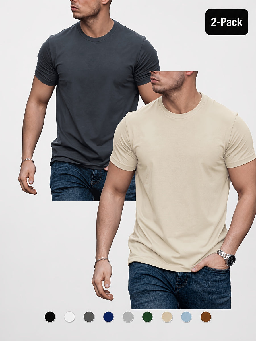 2pcs Men'S Round Neck Short Sleeve Top Set, Round Neck Solid Color Easy Style Soft -Like Fabric Basic Wearable Non-Picky Matching Daily Replacement Base Short Sleeve Top Suitable for Multi-Scene High-Frequency Replacement - Dark Grey+Khaki
