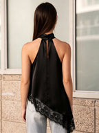 Halter Neck Off-Shoulder Satin Lace Patchwork Irregular Top, Sexy Temperament Loose Niche Design Camisole - Black
