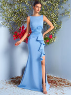 Women'S Round Neck High-Waist Slit Dress, Suitable for Dances, Parties, Formal Dinners, And Other Occasions, Wedding Bridesmaid Dresses, Birthday Parties, Graduation Ceremony Dresses - Light Blue