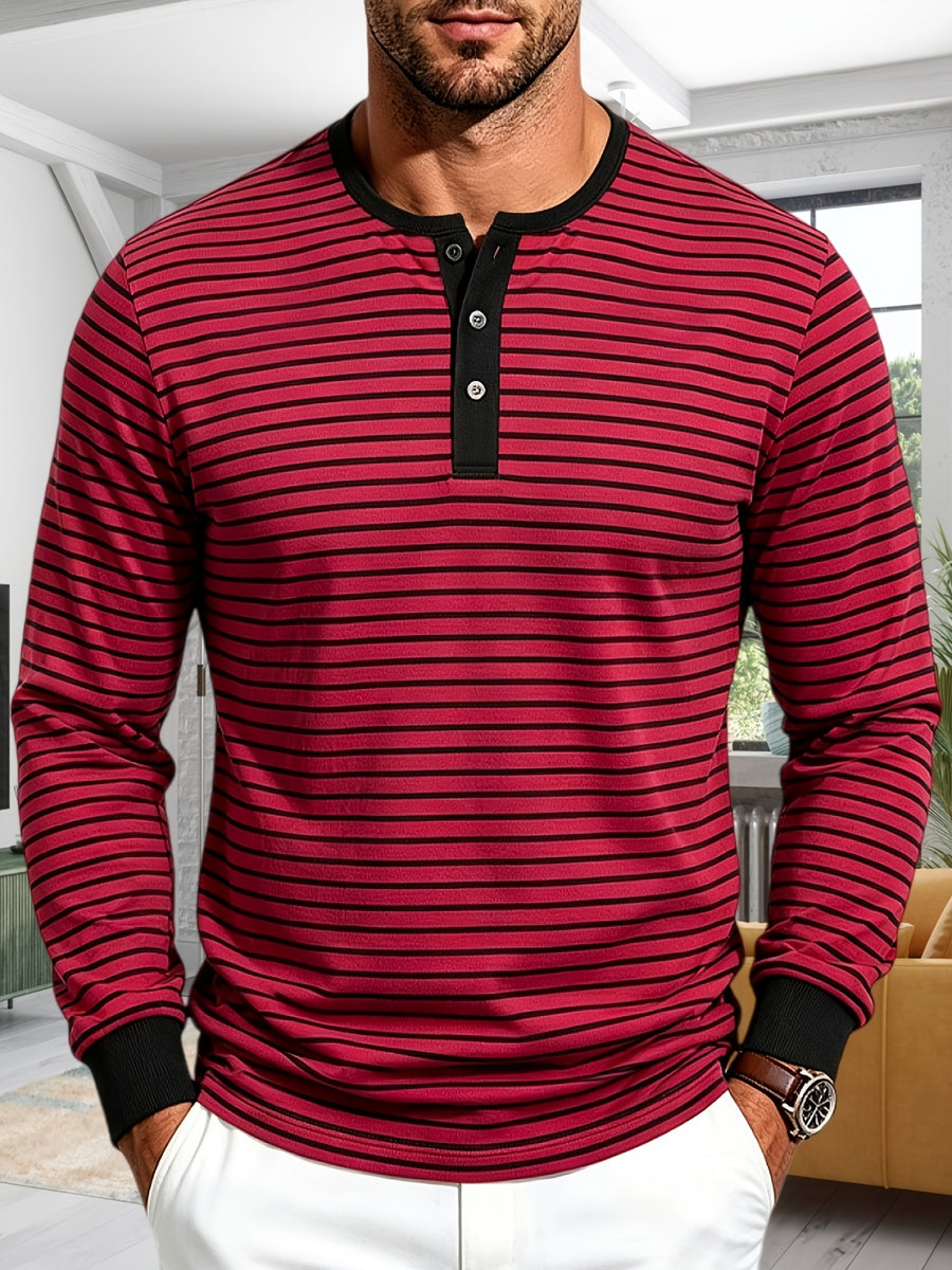 Men'S Spring Autumn Casual Loose Easy Striped Outdoor Commuter Long Sleeve Henley Shirt - Red