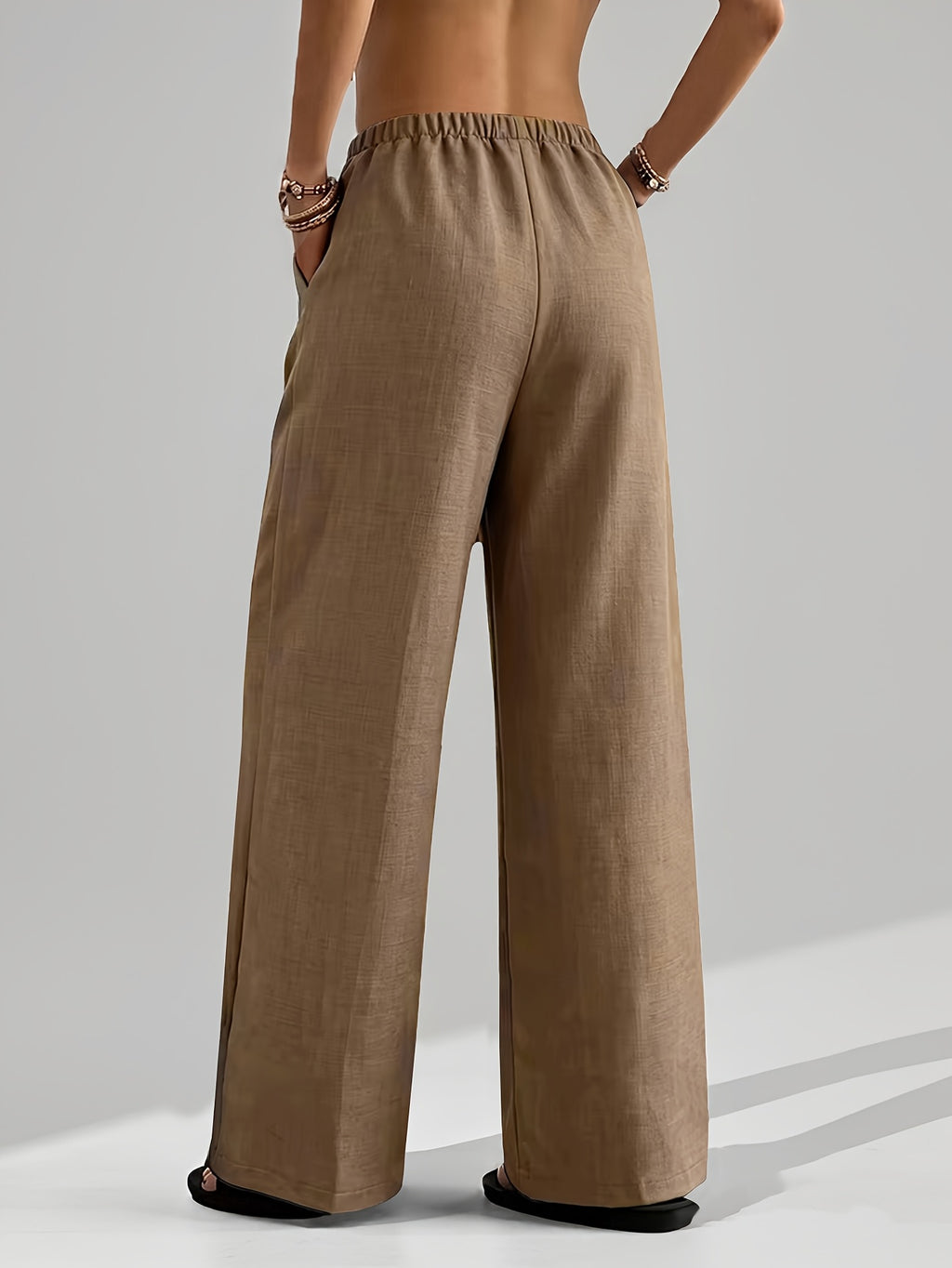 Summer Women'S Casual All-Match Straight Trousers with Elastic Waist And Fake Drawstring Design, Loose Comfortable Wide-Leg Pants Suitable for All Seasons, Outdoor Running And Athletic Long Pants - Khaki