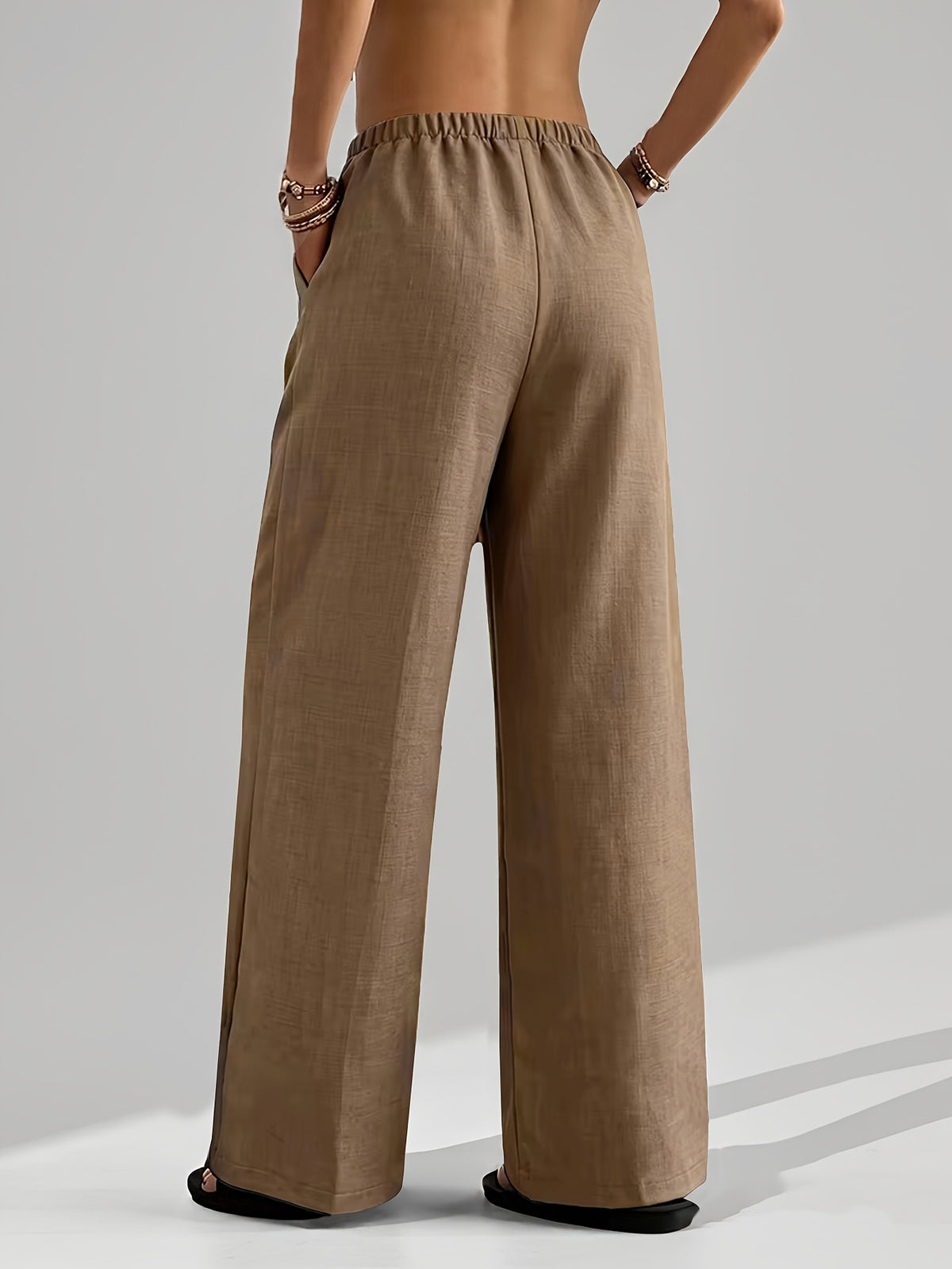 Summer Women'S Casual All-Match Straight Trousers with Elastic Waist And Fake Drawstring Design, Loose Comfortable Wide-Leg Pants Suitable for All Seasons, Outdoor Running And Athletic Long Pants - Khaki