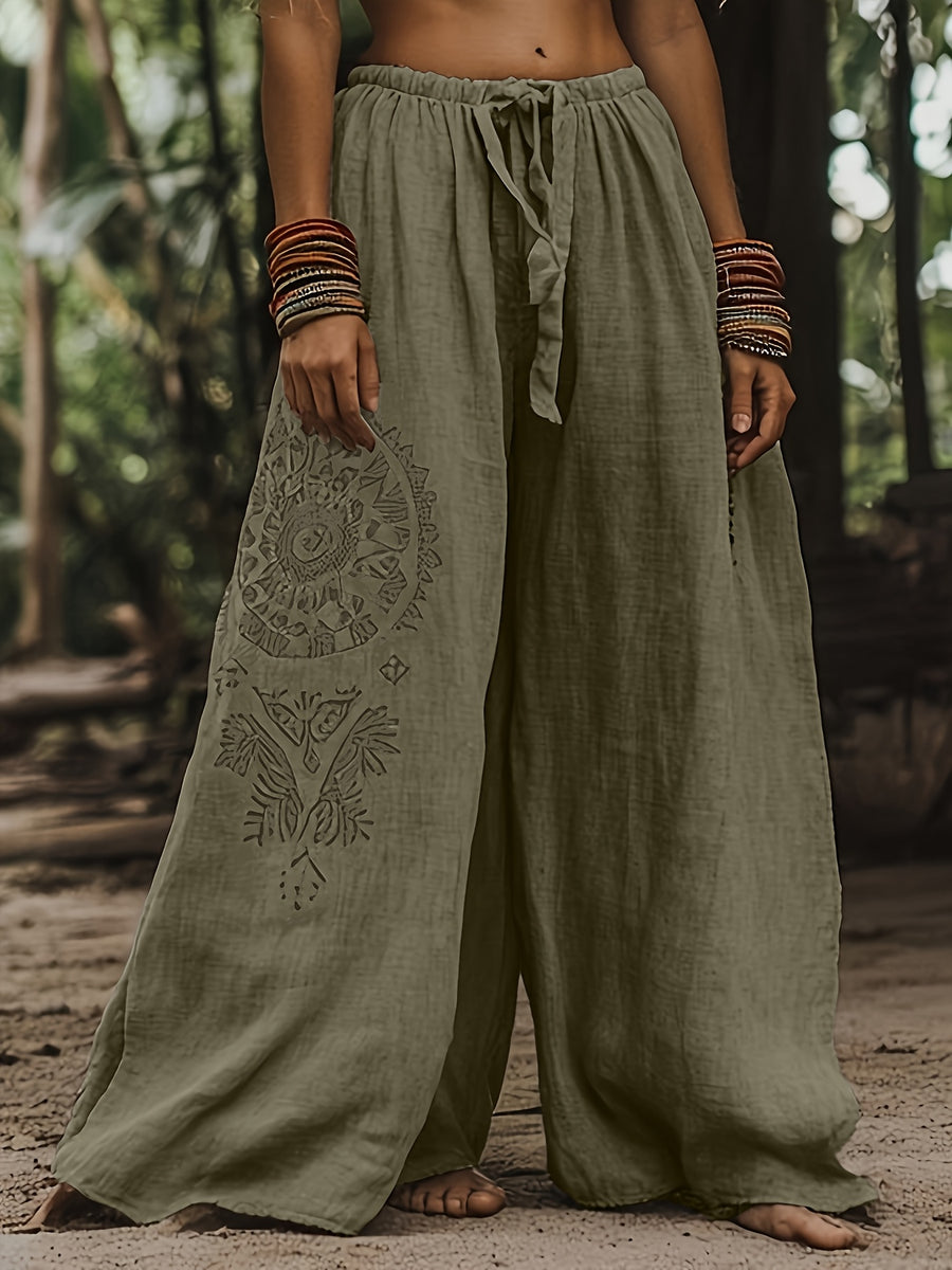 Elegant Special Wide-Leg Pants, Embroidered, Simple, Casual, Wide-Leg, Spring/Autumn, Women's Trousers "YT - Olive Green