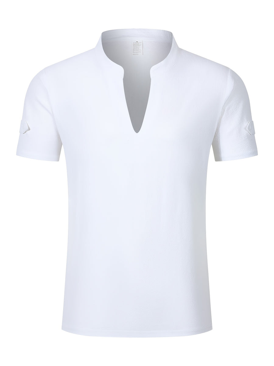 Men's Solid Color V-Neck Short Sleeve T-Shirt, Summer Casual Breathable Solid Color Top, Simple Fashionable Trendy Men's Clothing - White