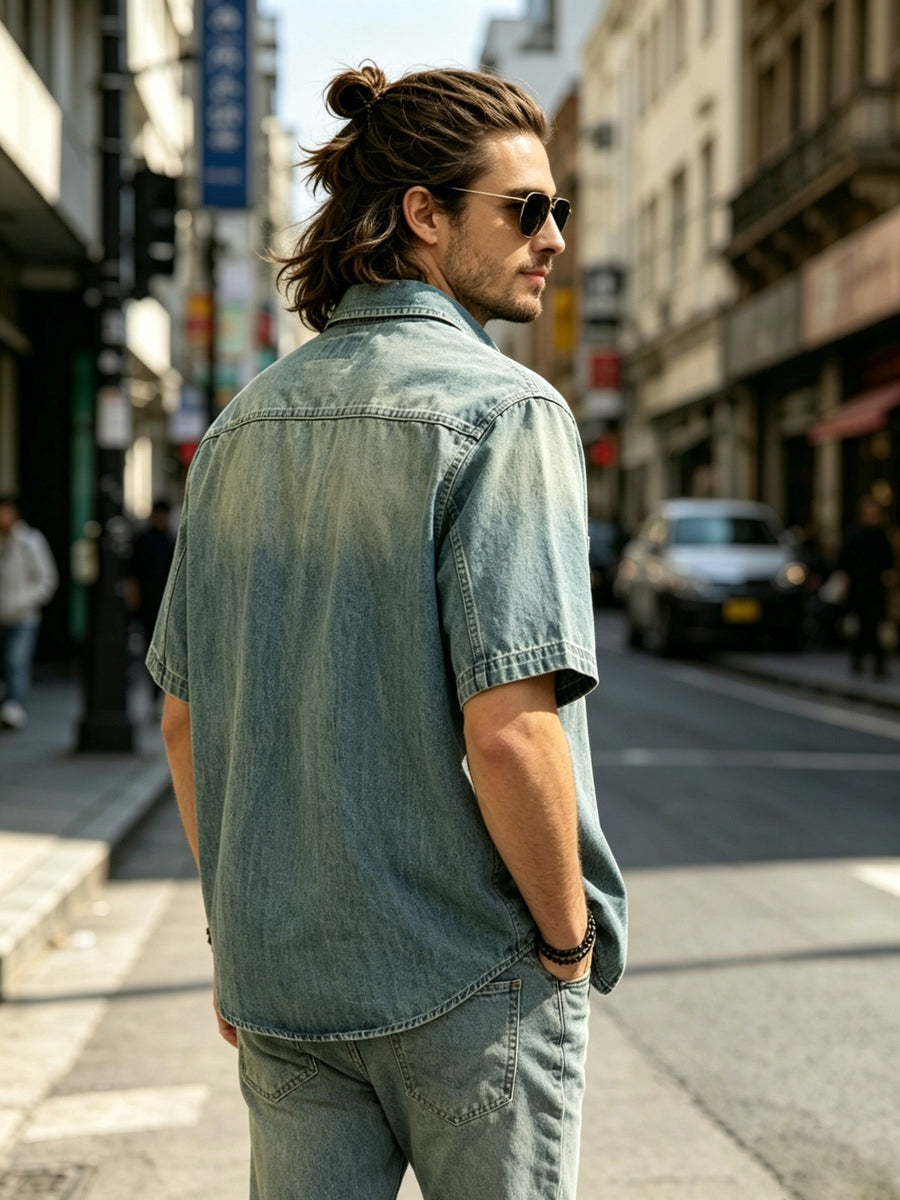 Men'S Vintage Washed Denim Short Sleeve Shirt, Casual Loose Fit Button- Top, Streetwear Style - Vintage Blue