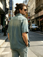 Men'S Vintage Washed Denim Short Sleeve Shirt, Casual Loose Fit Button- Top, Streetwear Style - Vintage Blue
