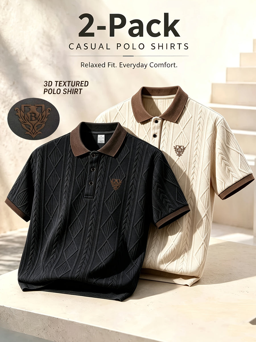 2pcs, High-Quality Men'S Short Sleeve Collared Casual Polo Shirts, 3D Foam Classical Vase Pattern, Textured Ribbed Fabric, Soft And Skin-Friendly Quick-Dry, 3D Cut, Understated And Tasteful. Suitable for Business Office, Outdoor Sports - Apricot+Black