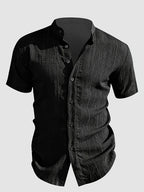 Henley Shirt 2026 Spring/Summer Men's New Apparel Men's T-Shirt Henley Shirt Stand Collar Shirt -  Product, Casual Fashion Unique Design, Plaid Button- Textured Shirt, Suitable for Pool, Outdoor Vacation, Travel, Seaside Beachwear, 1pc Outfit - Black