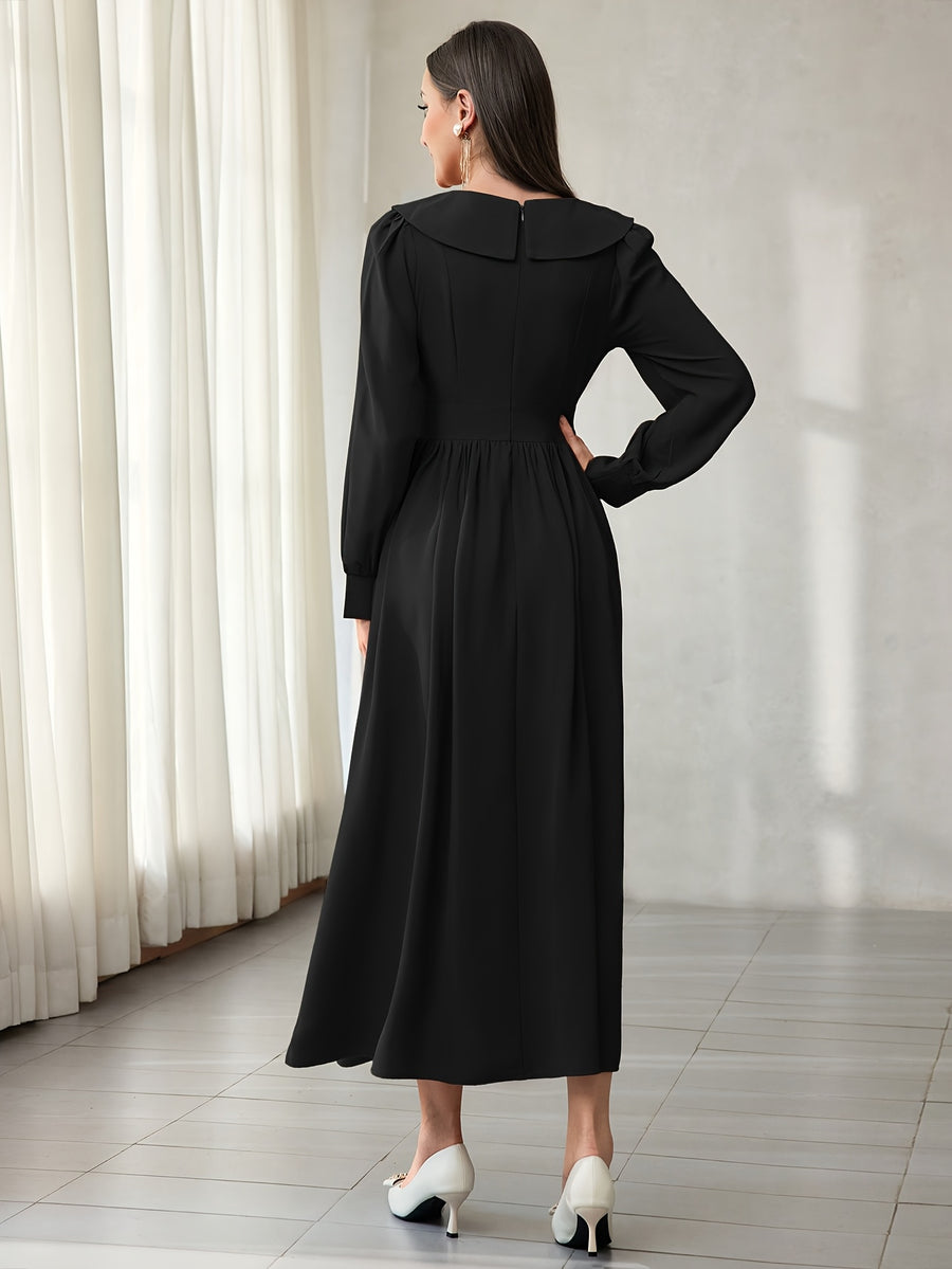 Vintage Lapel Heavy Craft Embroidered Long Sleeve Dress - Black