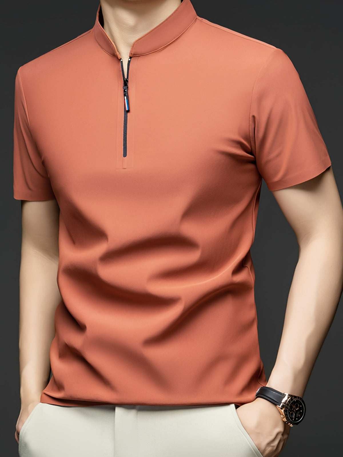 Summer Men'S Short Sleeve T-Shirt, Classic Mandarin Collar with Half Zipper, Smooth And Wrinkle-Resistant, Self-Cooling, Good Drape, Essential Top for Daily, Dating, And Light Business - Bean Red