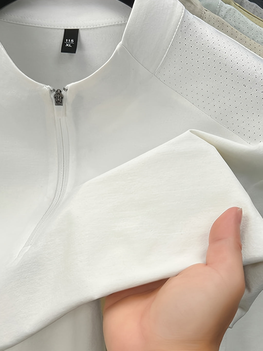 Men'S Summer Top T-Shirt, Half-Zipper Stand-Up Collar Design, Casual And Light Business Style, Adjustable Collar with Zipper, Balancing Ventilation And Styling; Mesh Shoulder Panel for Enhanced Breathability - Pure White