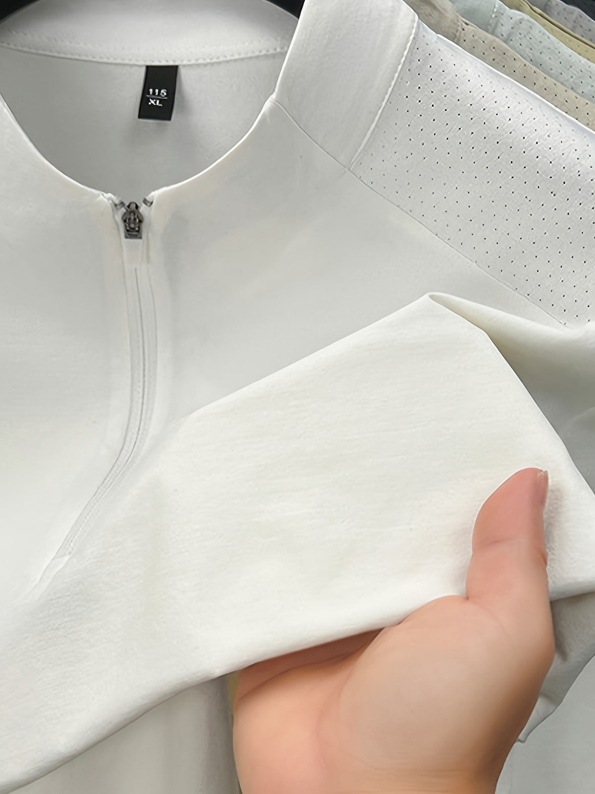 Men'S Summer Top T-Shirt, Half-Zipper Stand-Up Collar Design, Casual And Light Business Style, Adjustable Collar with Zipper, Balancing Ventilation And Styling; Mesh Shoulder Panel for Enhanced Breathability - Pure White