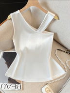 Women'S Elegant Asymmetrical Shoulder Textured Fabric Rose Floral Decoration Button Niche Design Vest Top - Milky