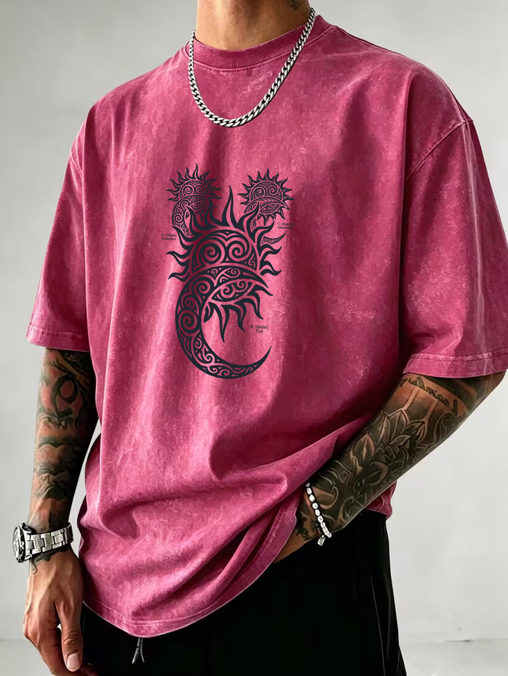 Washed Distressed Short Sleeve Loose Top, Tribal Totem Sun Vortex Trendy Print, Multi-Color Casual Matching, American Street Hip-Hop High Street Style, Daily Outing Commute Sports Fitness Couple Statement Versatile T-Shirt - Rose Red