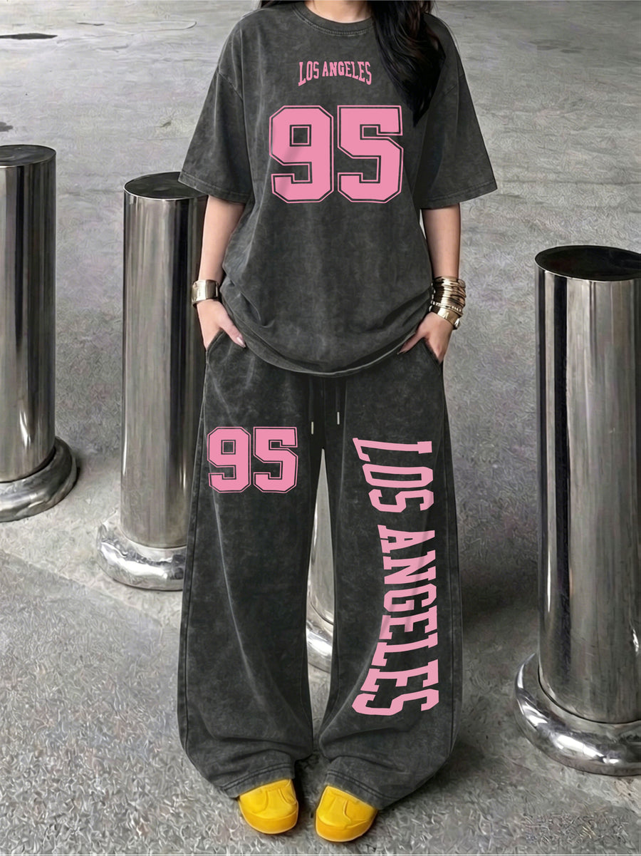 Trendy "LOS ANGELES" No. 95 Digital Print New Spring/Summer Casual Jersey Sportswear, Street Sport Style Crew Neck Short Sleeve T-Shirt and Long Pants 2pcs Set, Washed Outfit, American Street Academic Style - Black