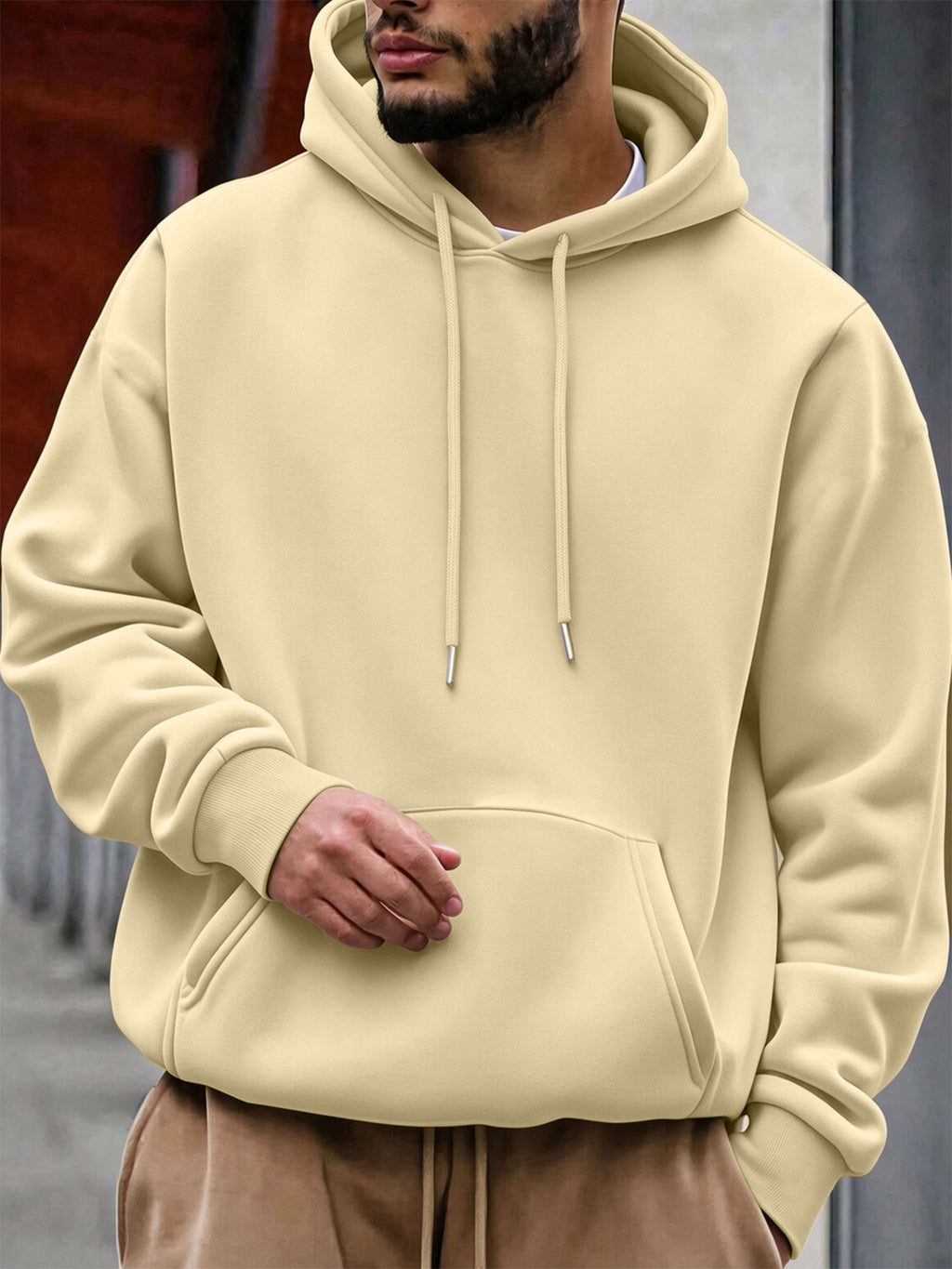 Men'S Fashion Hoodie Pullover with "Japanese Red Sun, Waves, Mountain Scenery, Ukiyo-E, National Style" Print, Trendy Style, Autumn/Winter Drawstring Regular Fit Warm Sweatshirt, Daily Commute, City Casual, Sports, Outing Wear - Apricot