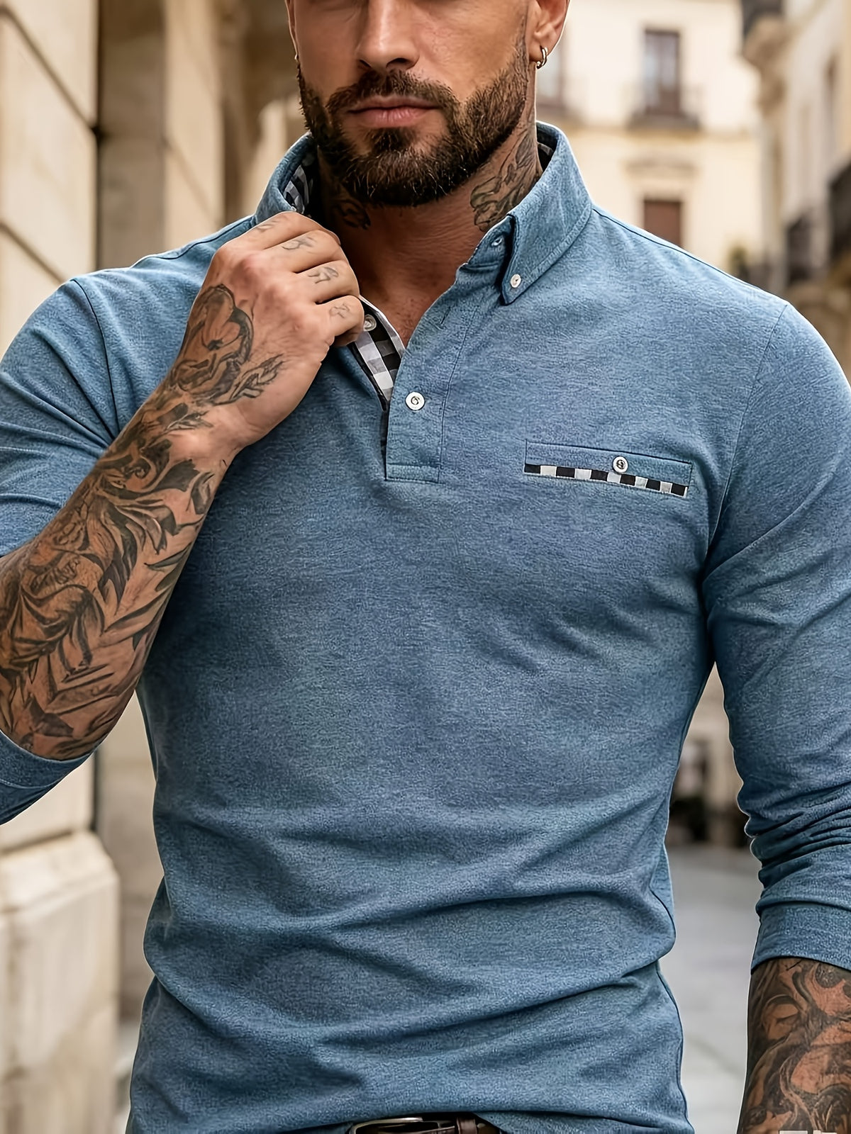 EnglishContrast Pocket Long Sleeve Collared Polo Stretch Slim Fit Business Casual Men T Shirt - Light Blue