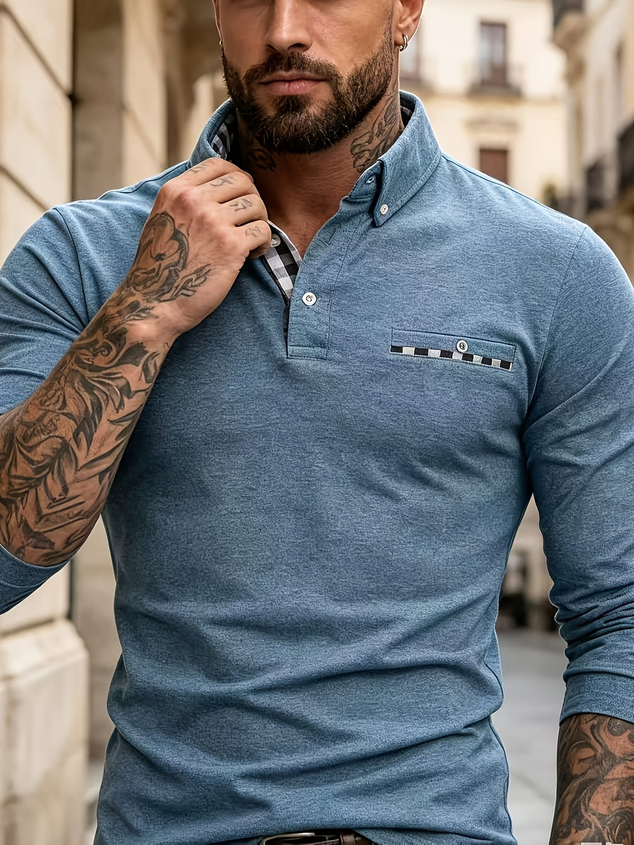 EnglishContrast Pocket Long Sleeve Collared Polo Stretch Slim Fit Business Casual Men T Shirt - Light Blue