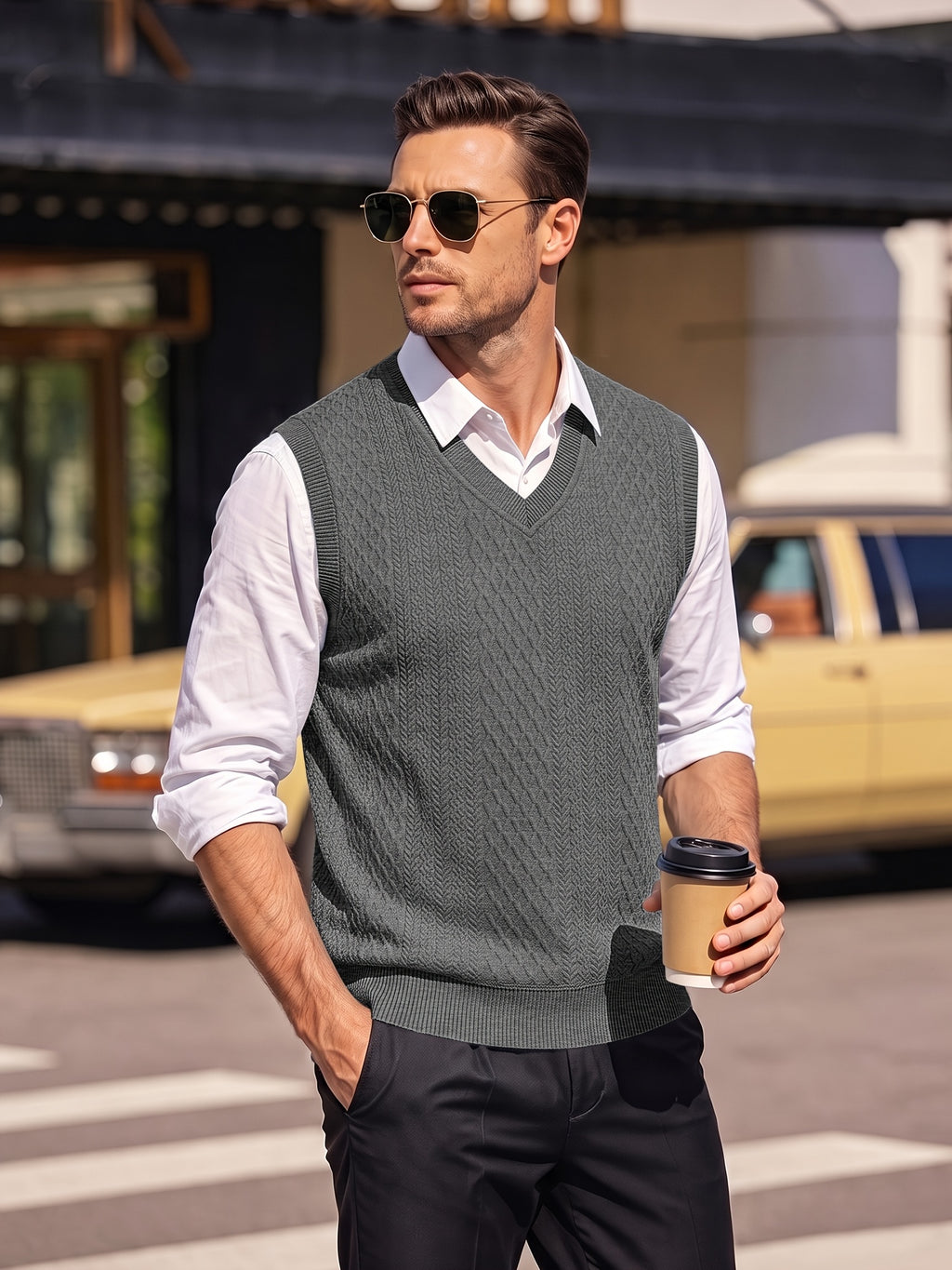 Xingfan OBM Men's Autumn/Winter Light Luxury New Ribbed V-Neck Cable Knit Vest, Rhombus Jacquard Sleeveless Sweater Cardigan, Business Gentleman's Layering Knit Top. Soft and Warm Knitted Fabric, Vintage Three-dimensional Cable Knit Rhombus Texture - Dark Gray