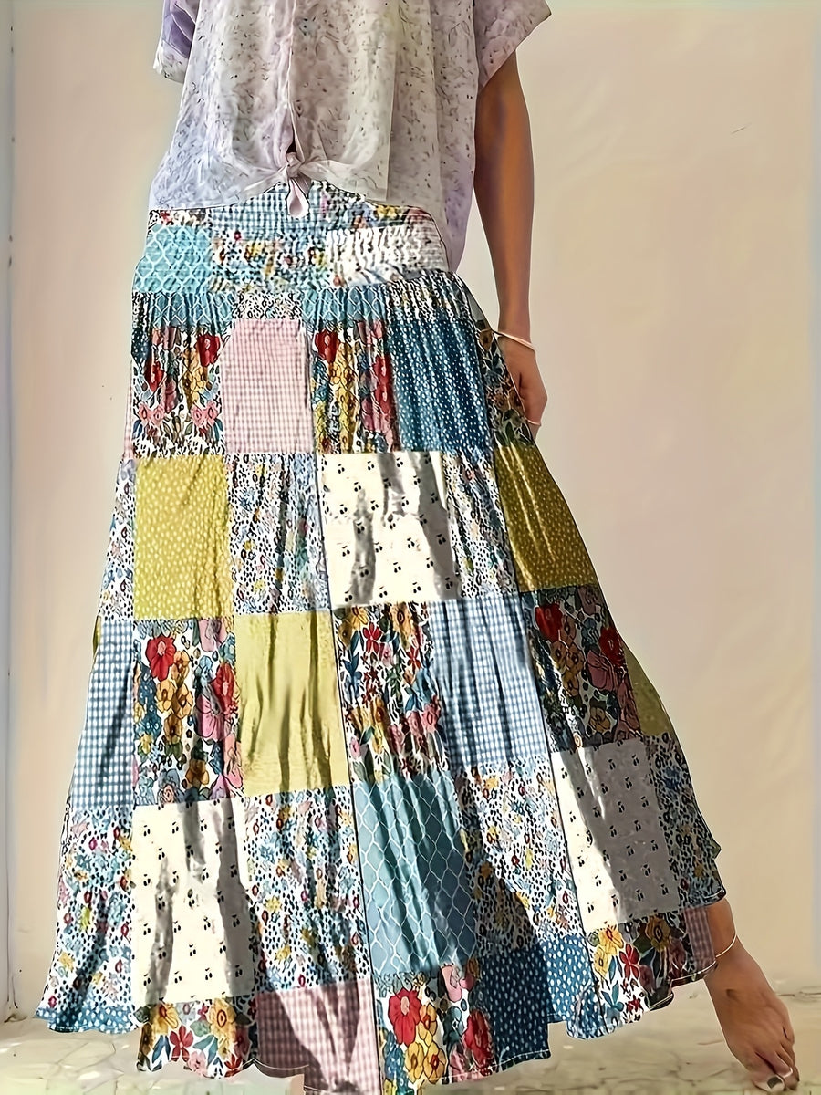 Women'S Summer Fall Casual Design High-Waist Half Skirt, Elastic Waist Floral Waist Long Skirt - Multicolor