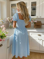 8022 French-Style Sweet and Elegant Women's Solid Color Waist-Cinching Short-Sleeve Dress - Sky Blue