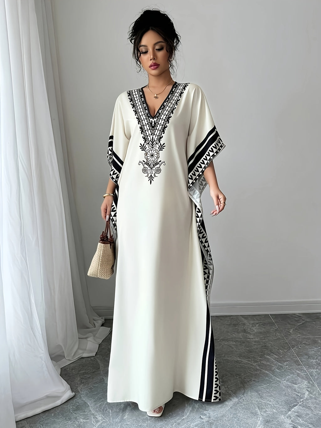 Women's Elegant V-Neck Short Sleeve Maxi Dress - Floral Print A-Line Loose Fit Long Dress, Machine Washable Spring Summer Fall Casual & Formal Wear, Short Sleeve Dress, Contrasting Design Elements - White