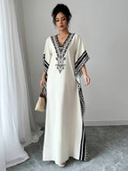 Women's Elegant V-Neck Short Sleeve Maxi Dress - Floral Print A-Line Loose Fit Long Dress, Machine Washable Spring Summer Fall Casual & Formal Wear, Short Sleeve Dress, Contrasting Design Elements - White