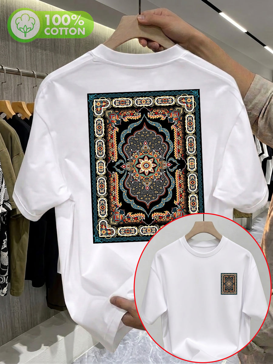 100% Pure Cotton Crew Neck Short Sleeve T-Shirt, Unisex. Features Persian Ethnic Vintage Pattern Print on Both Front and Back, with a Colorful Contrast Vintage Trendy Design. Breathable and Non-Sticky Back. Casual and Versatile - White