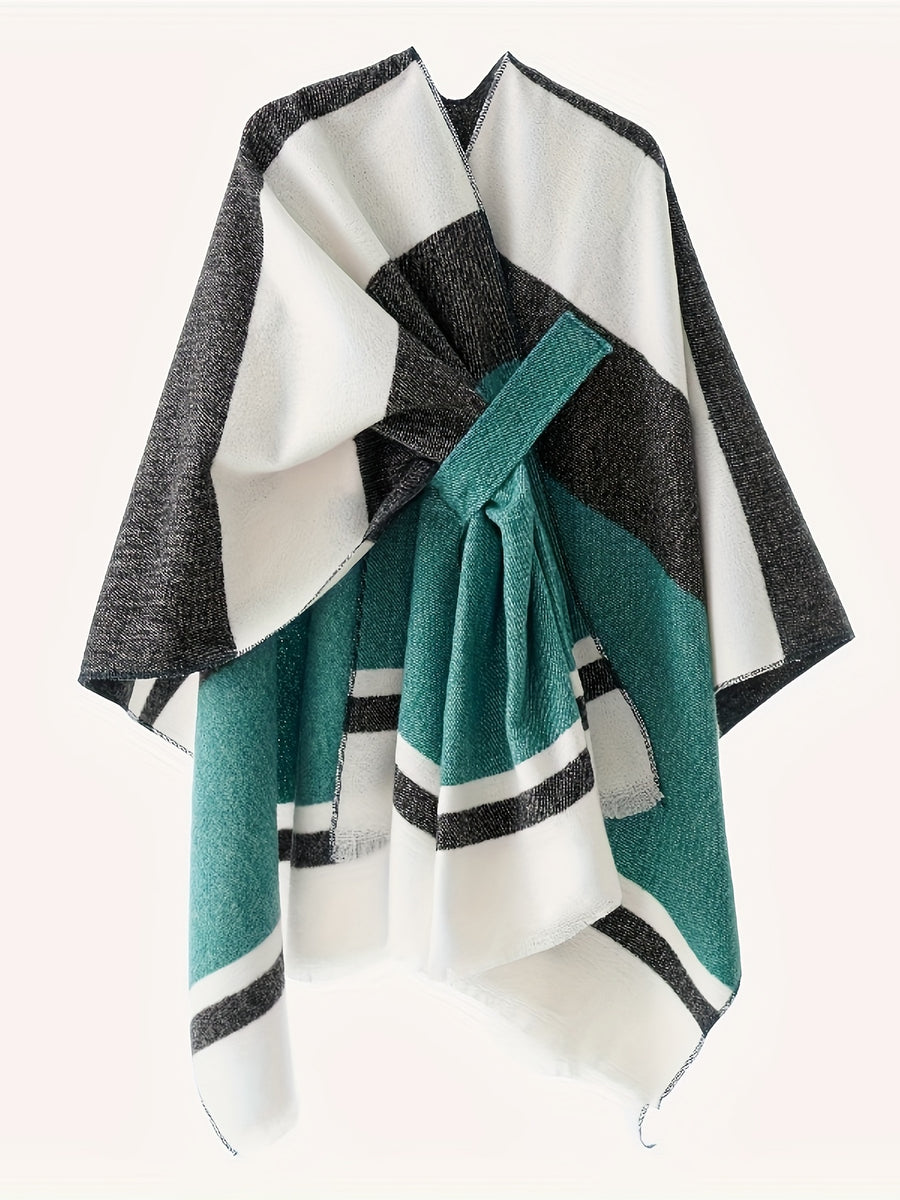 Women's Fashion Classic Striped Color Block Pattern Autumn and Winter Windproof Buttoned Travel Wrap Coat - Green