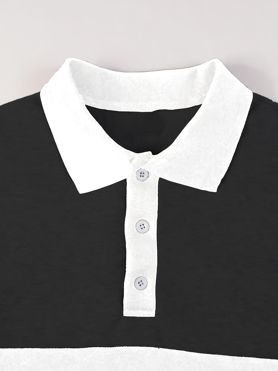 Men'S Casual POLO Shirt with Color Block Design | Button Collar, Loose Fit, Machine Washable, Ideal for Leisure and Gifts - Black