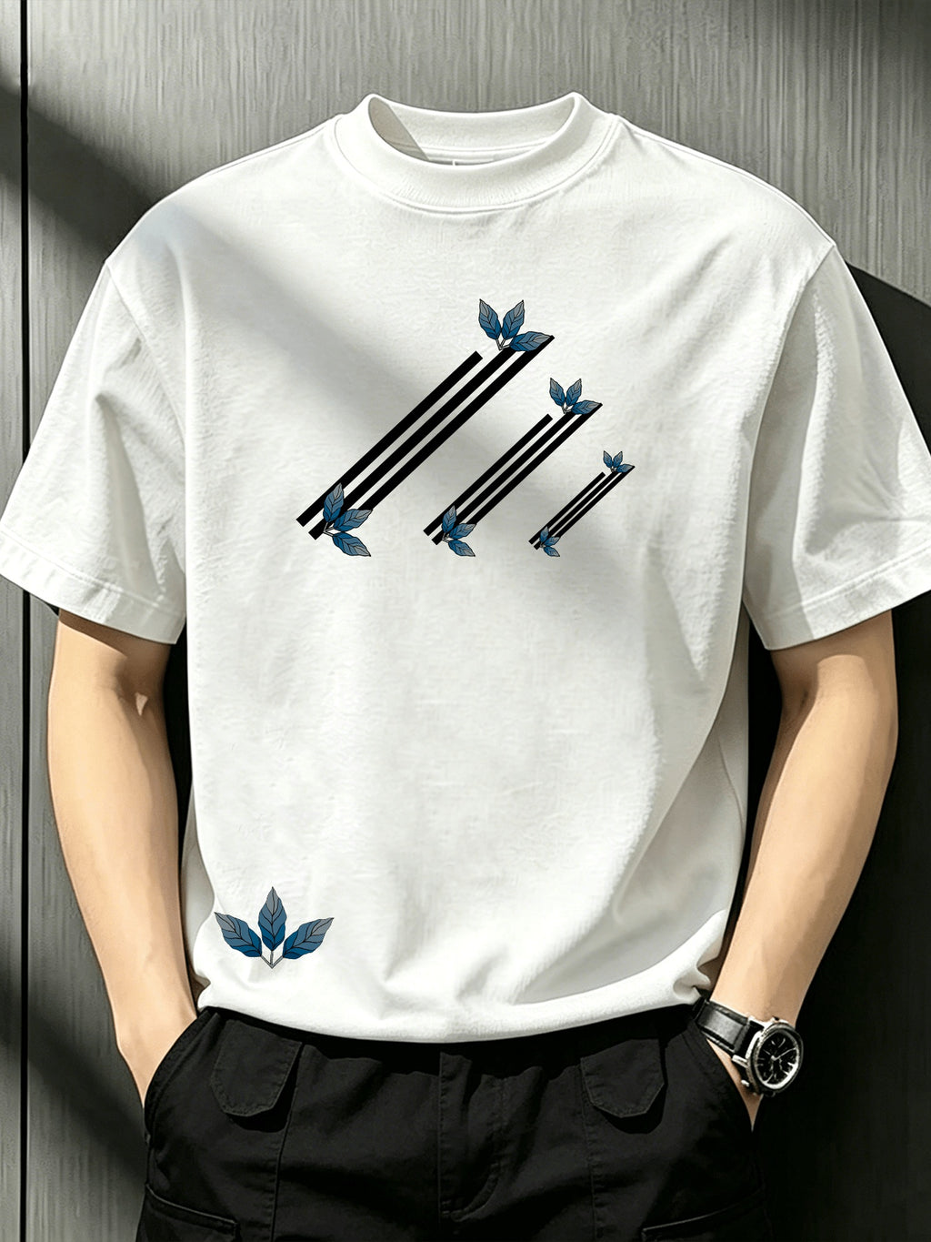 Men'S Crew Neck Loose T-Shirt with Staggered Slanted Stripes And Blue Maple Leaf Print, Fresh Artistic Style, Versatile Breathable Short Sleeve Top for Summer Daily Casual Wear - White