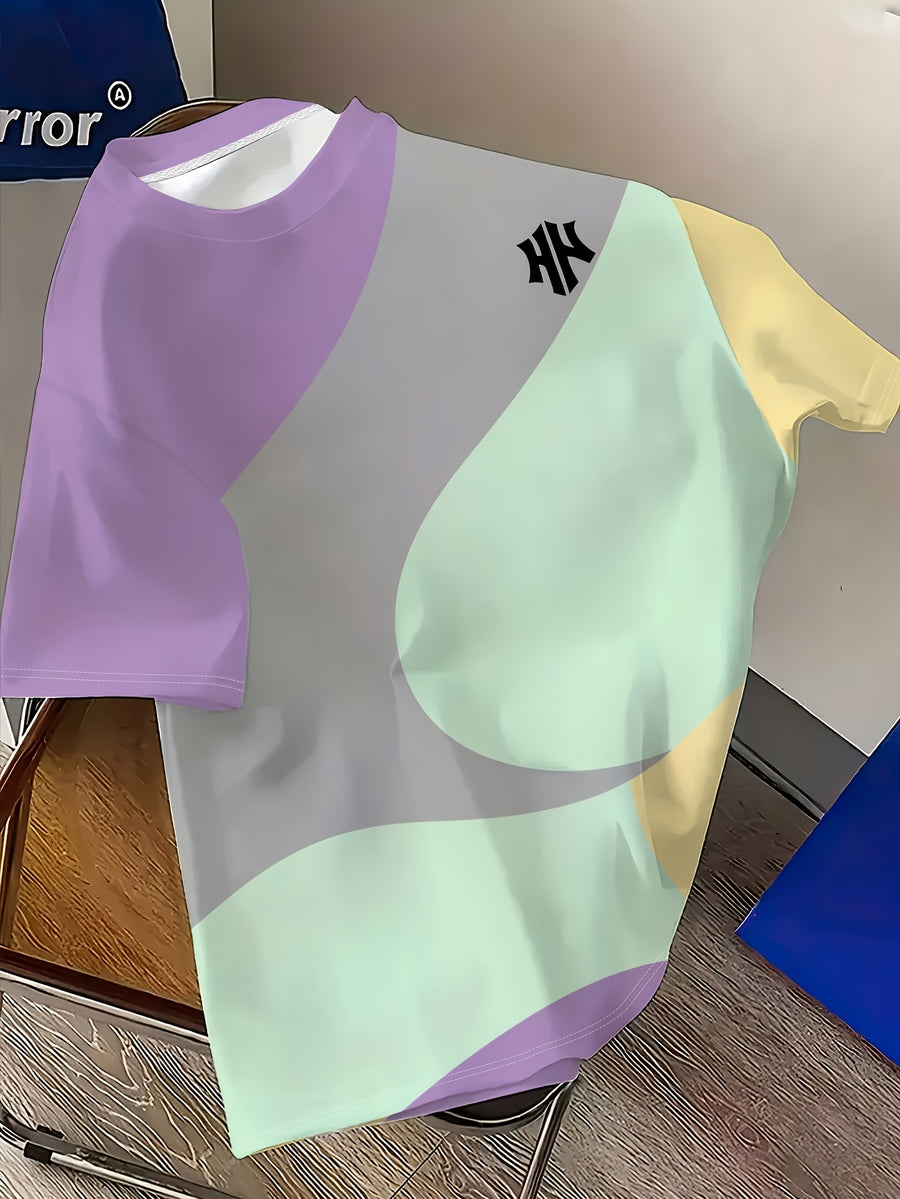 Men'S Trendy Irregular Color Block Round Neck Top Short Sleeve T-Shirt Niche Design Print Geometric Short Sleeve Casual Daily Top Fashionable Individual Street Style Round Neck T-Shirt - Mixed colors