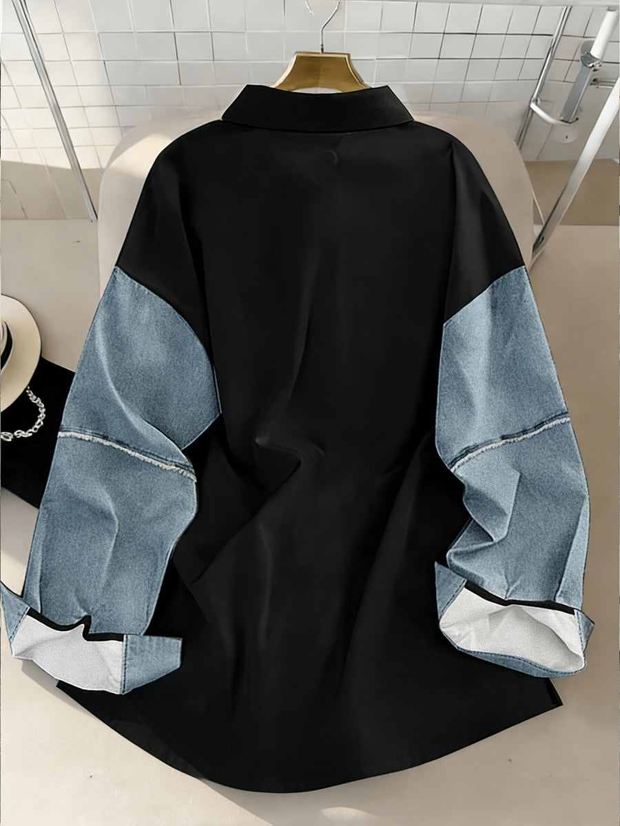 Patchwork Print Design, Classic Lapel, Casual Loose-fitting Breathable Light Luxury Top. Printed Leggings - Not Denim Fabric - Black