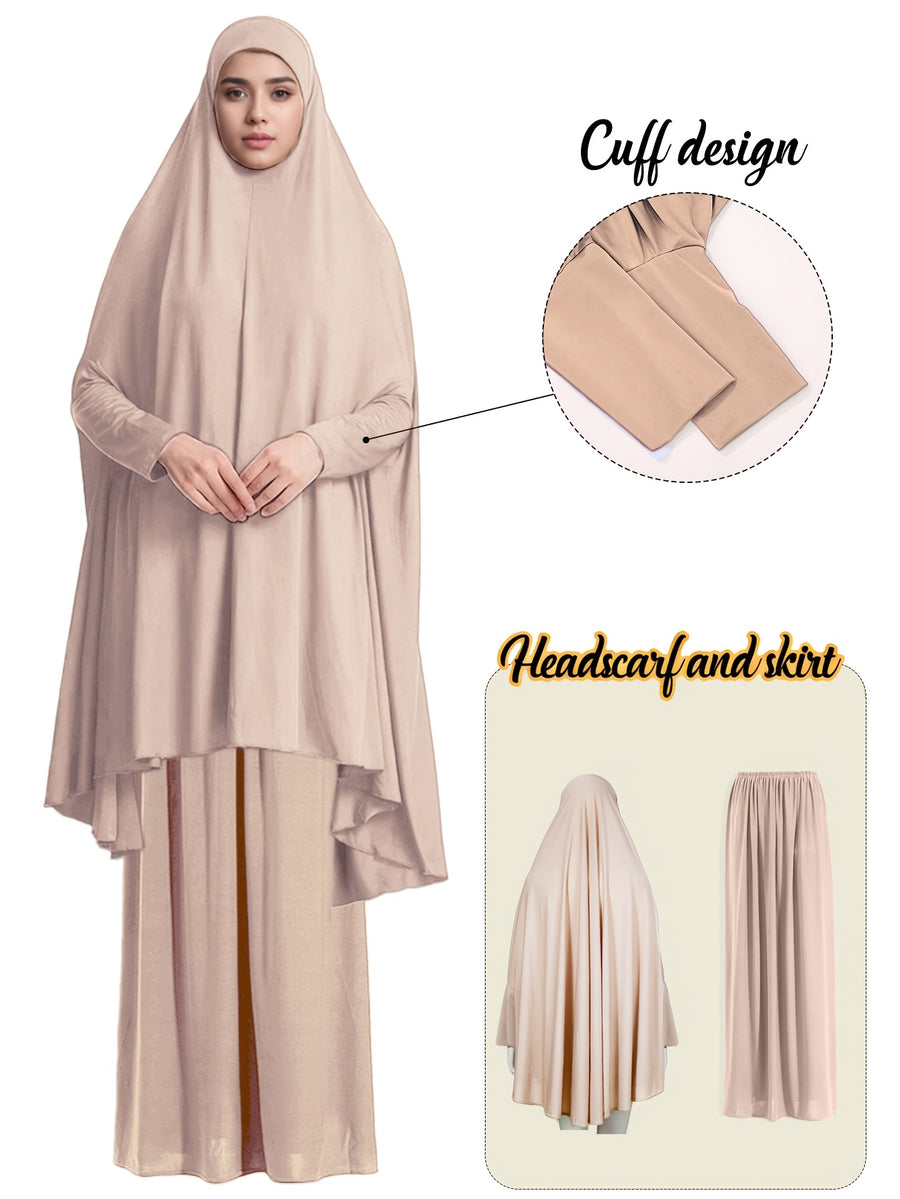 2pcs Women'S Solid Color Robe And Skirt Set, a Conservative And Elegant Outfit for Everyday Wear, Featuring Sleeves Inspired by Middle Eastern Traditional Culture, Abayas - Off-white